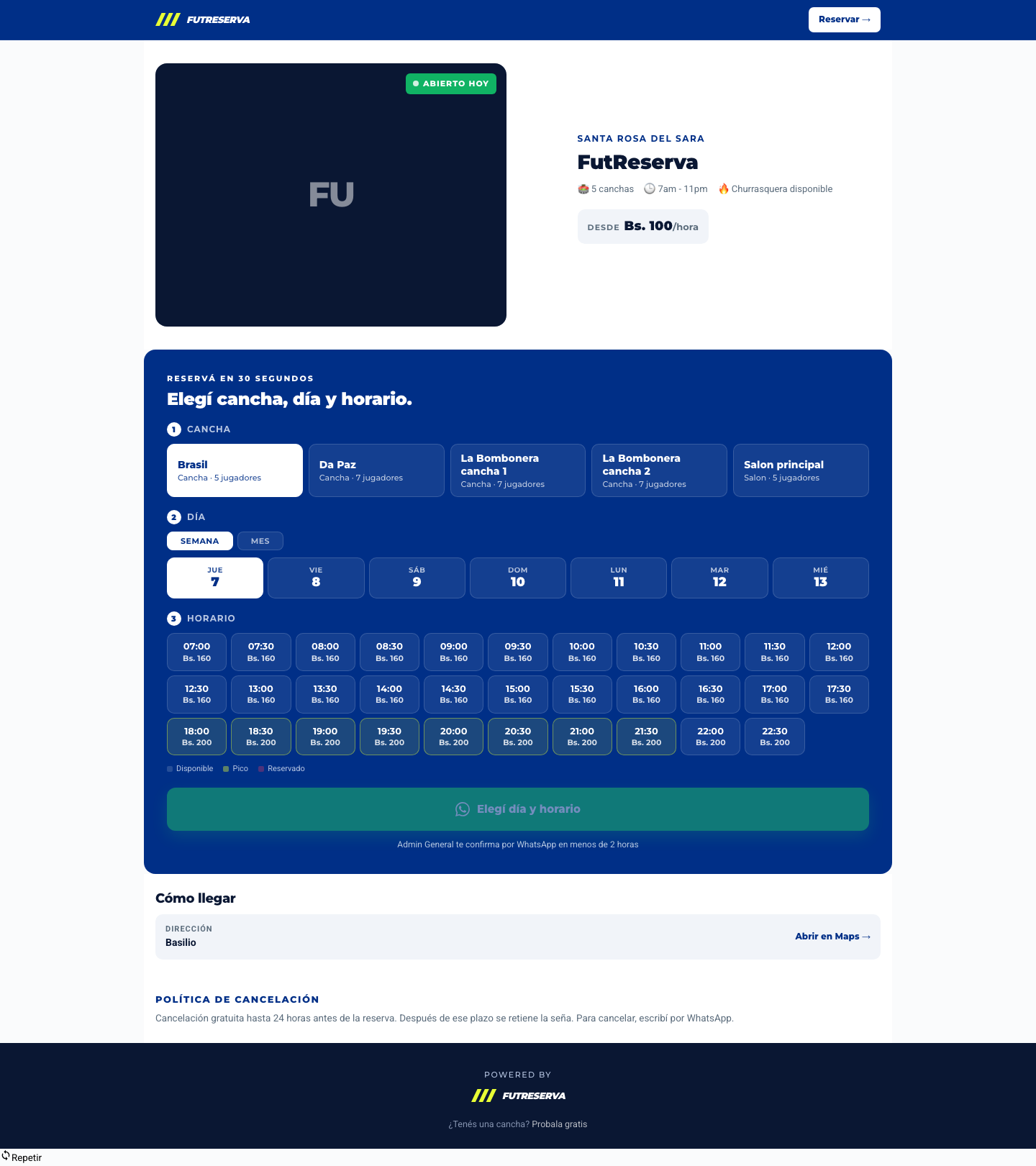 Página pública de reservas con selector de cancha, día y horario
